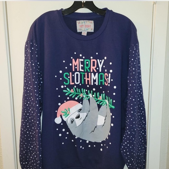 Happy Holidays Merry Slothmas Christmas Navy Blue Sweatshirt Size 2XL - Picture 1 of 6